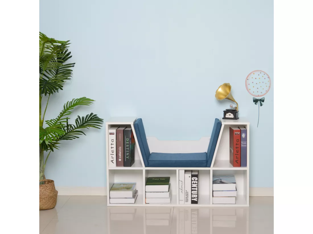 Bibliothèque banc 2 en 1 design contemporain 6 casiers 3 coussins fournis 102L x 30l x 61H cm blanc bleu