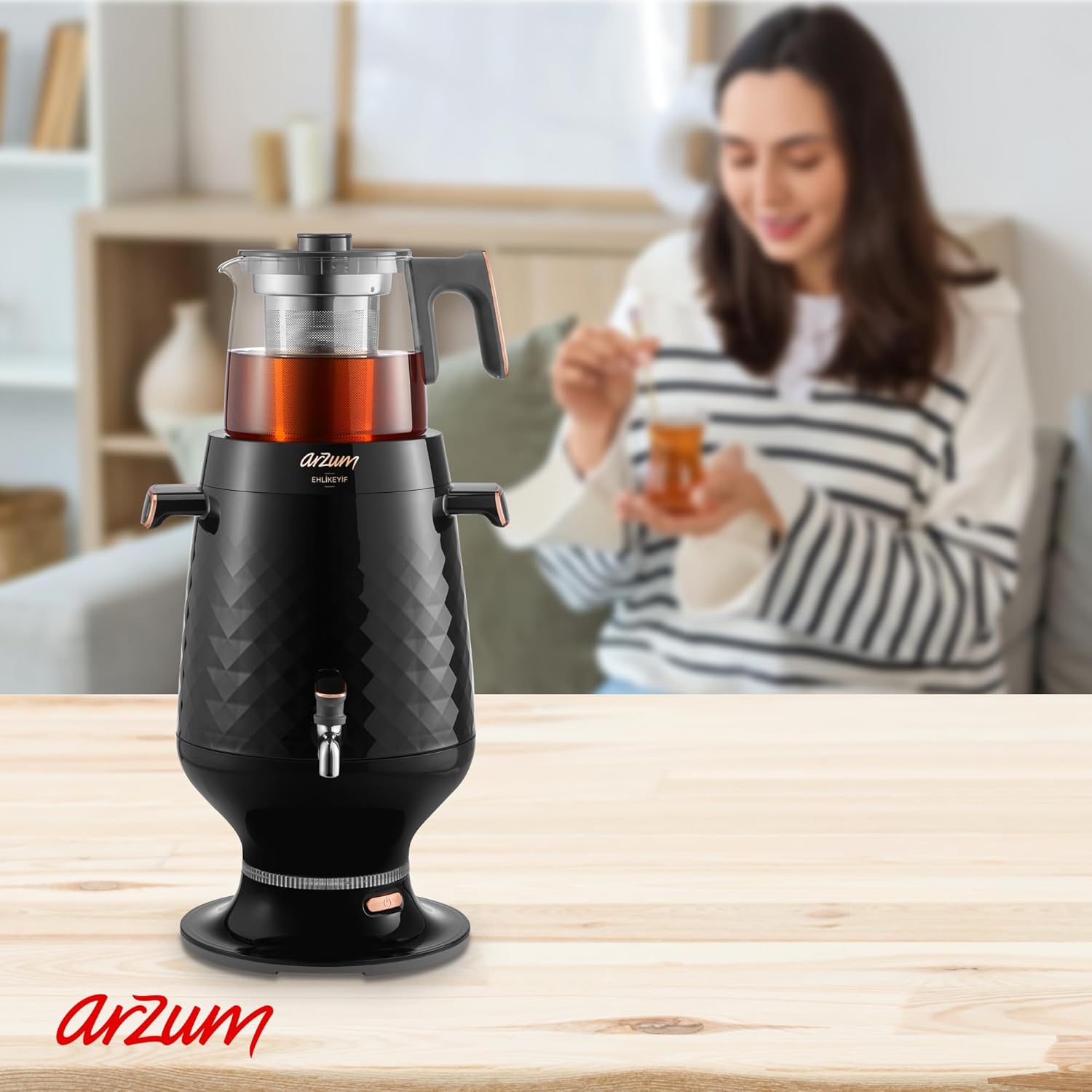Arzum Ehlikeyf Semowar, Elektrischer Türkischer Teekocher, 2200W, 3,5L Wasserkocher, 1,2L Glas Teekanne, Edelstahl, Intelligente Temperaturregelung, Trockengehschutz