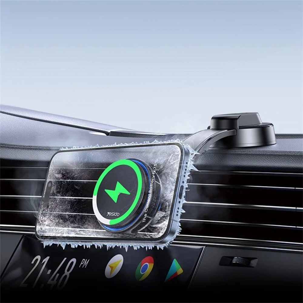 (15W) Dashboard MagSafe Auto KFZ Ladegerät Saugnapf Halterung mit Kühlsystem und LED Beleuchtung - Schwarz