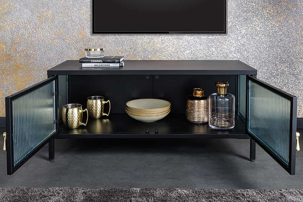 Modernes TV-Lowboard AMSTERDAM 90cm schwarz gold Riffelglas Metall Vitrine Schrank