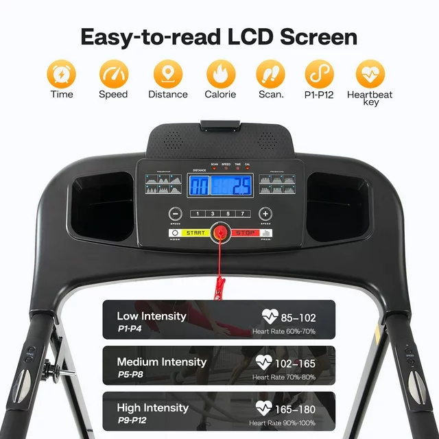 Esteira dobrável portátil de 2,5 HP para corrida e caminhada, compacta, com 12 programas predefinidos, visor LED, Bluetooth para música e fácil montagem para uso doméstico.