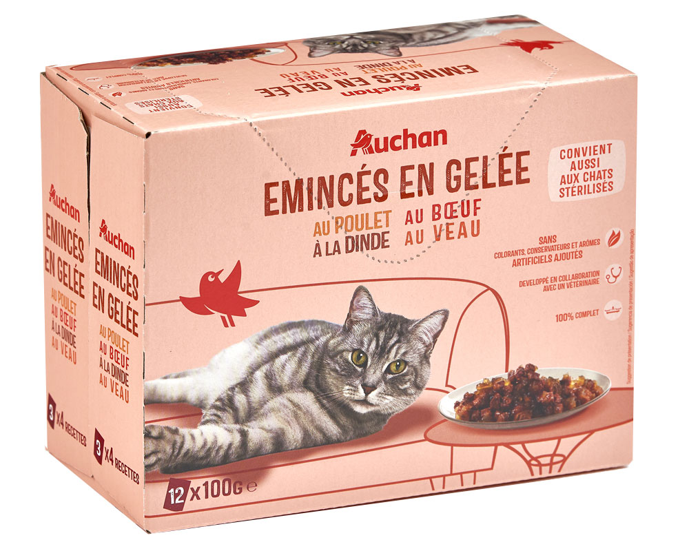 COMIDA HÚMIDA PARA GATO AUCHAN SAQUETAS PEDAÇOS EM GELEIA CARNE 12X100G