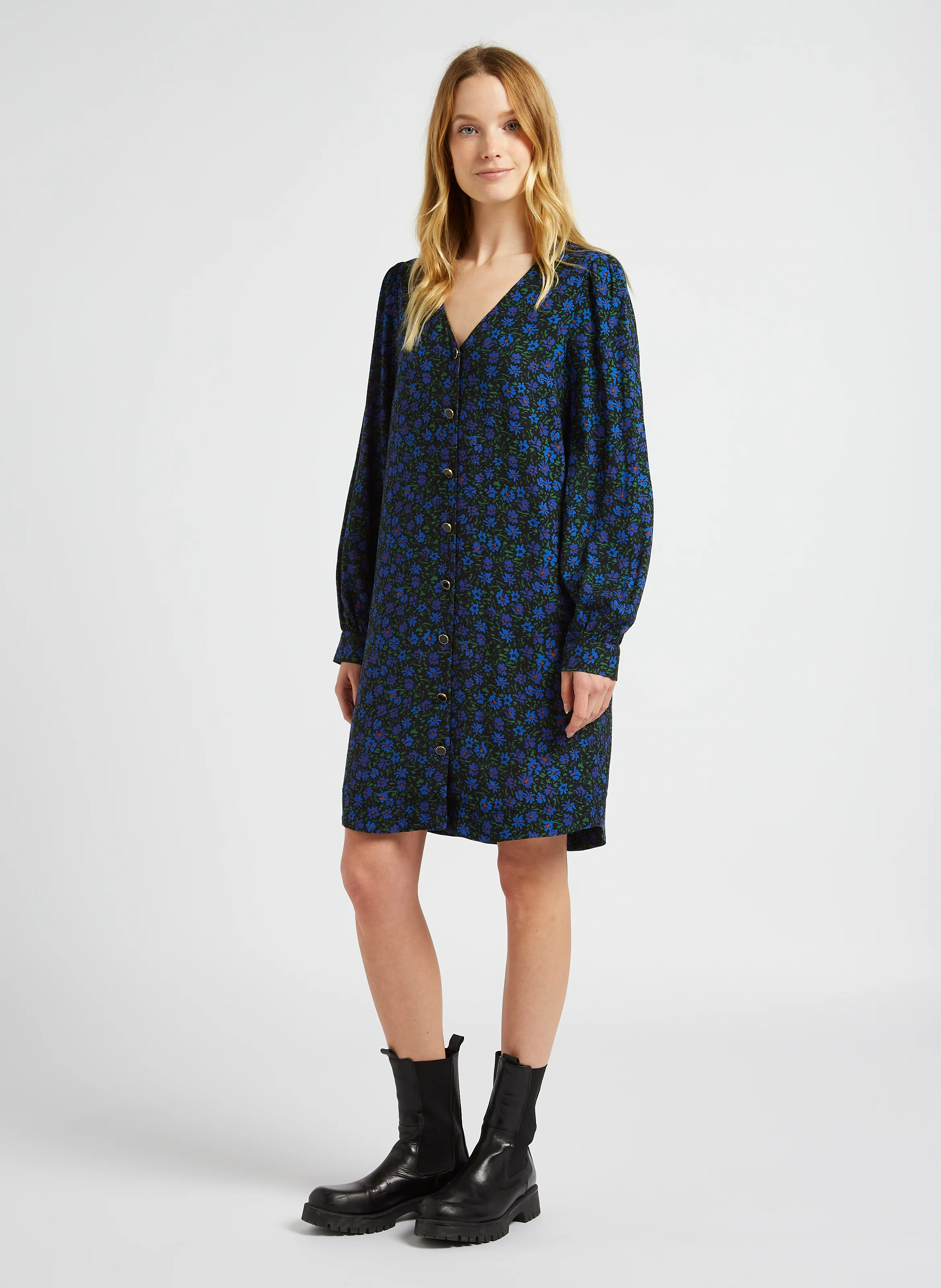 Robe courte droite col V imprimée | Noir