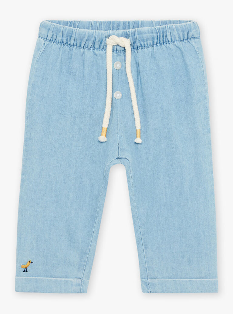 Pantalon en light denim bleu avec broderie oiseau