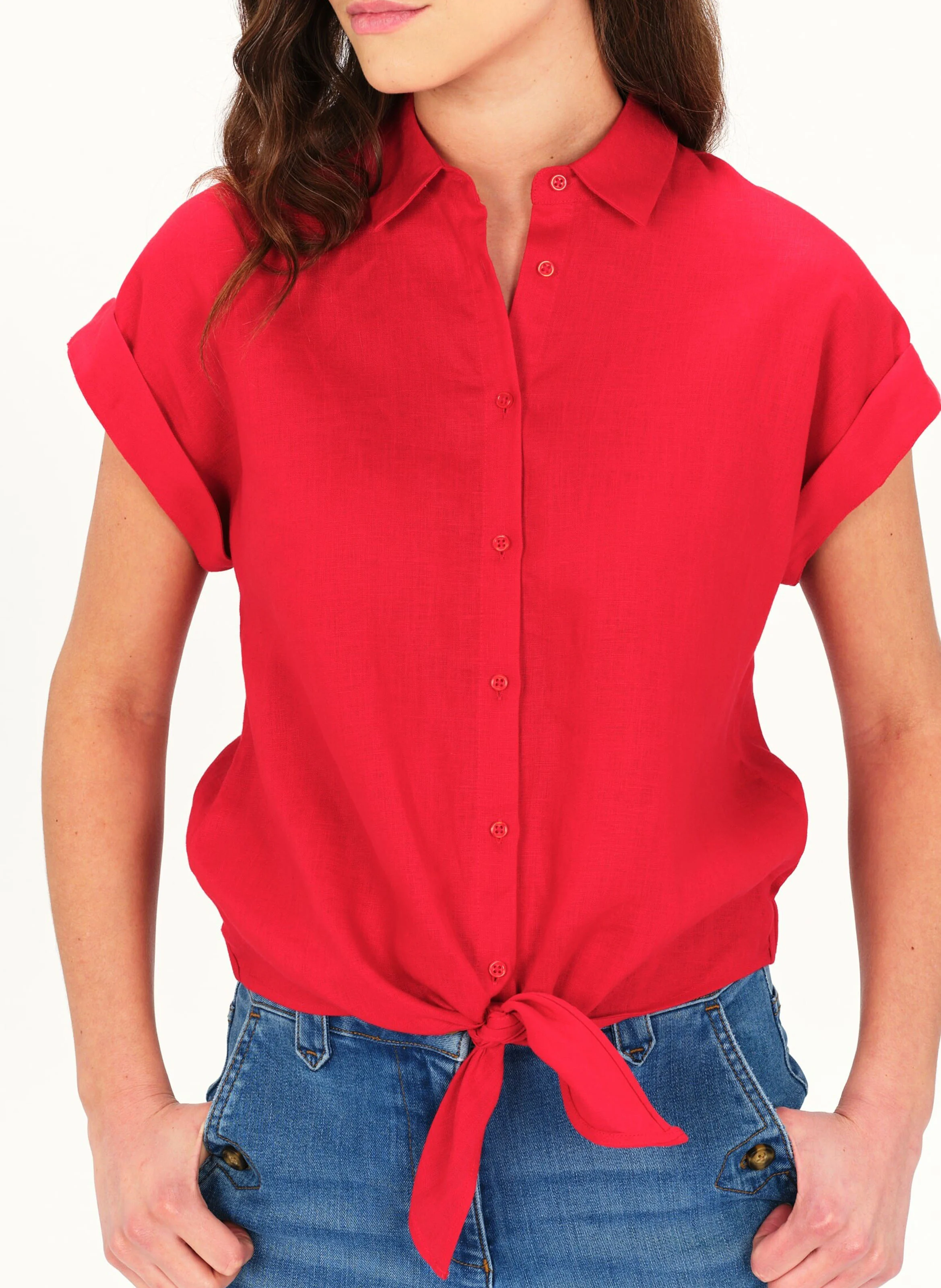 CLIVIO1 - Chemise manches courtes en lin | Rouge