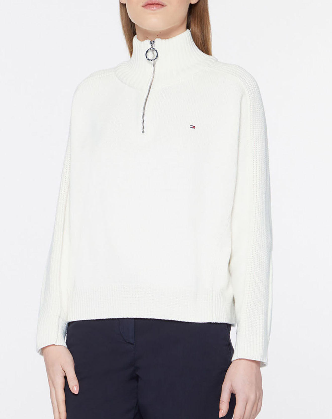 Tommy Hilfiger Pull 100% Coton Bio col zippé écru