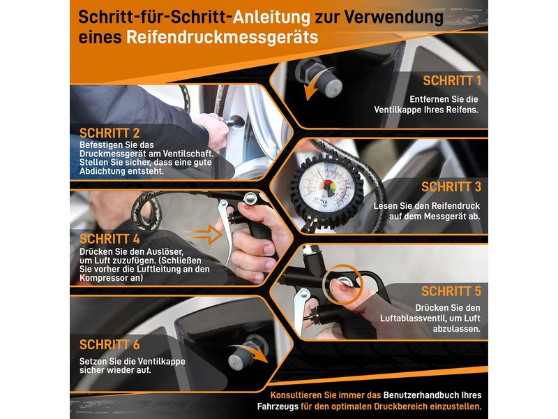 Hardtwerk Druckluft-Reifenfüllmesser Messbereich: 012 bar Reifendruckprüfer für Auto, Motorrad, PKW, LKW