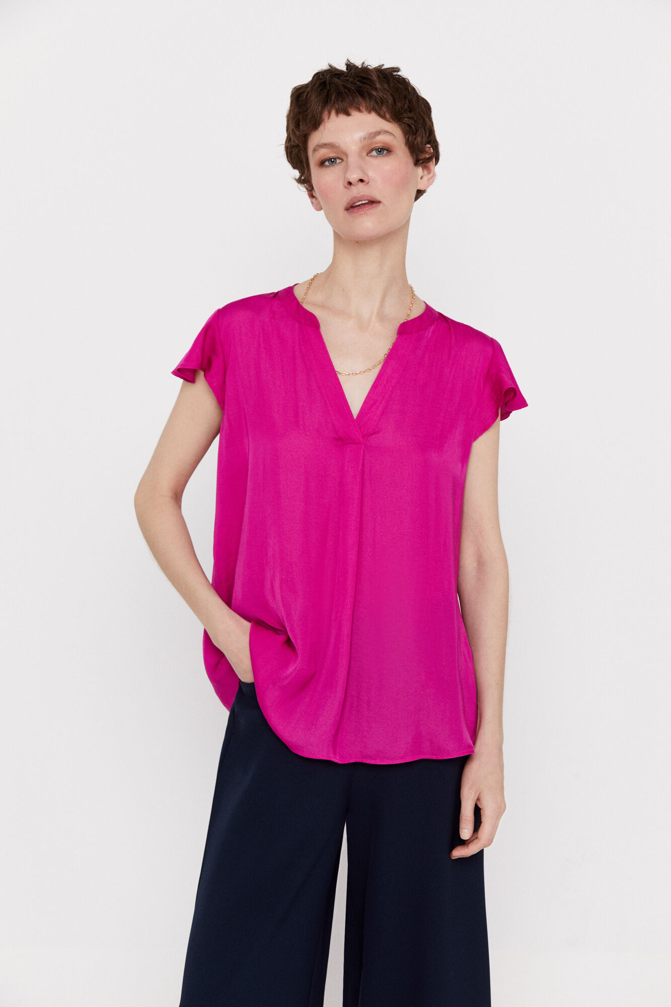 Blusa de cetim com mangas franzidas - Fúcsia