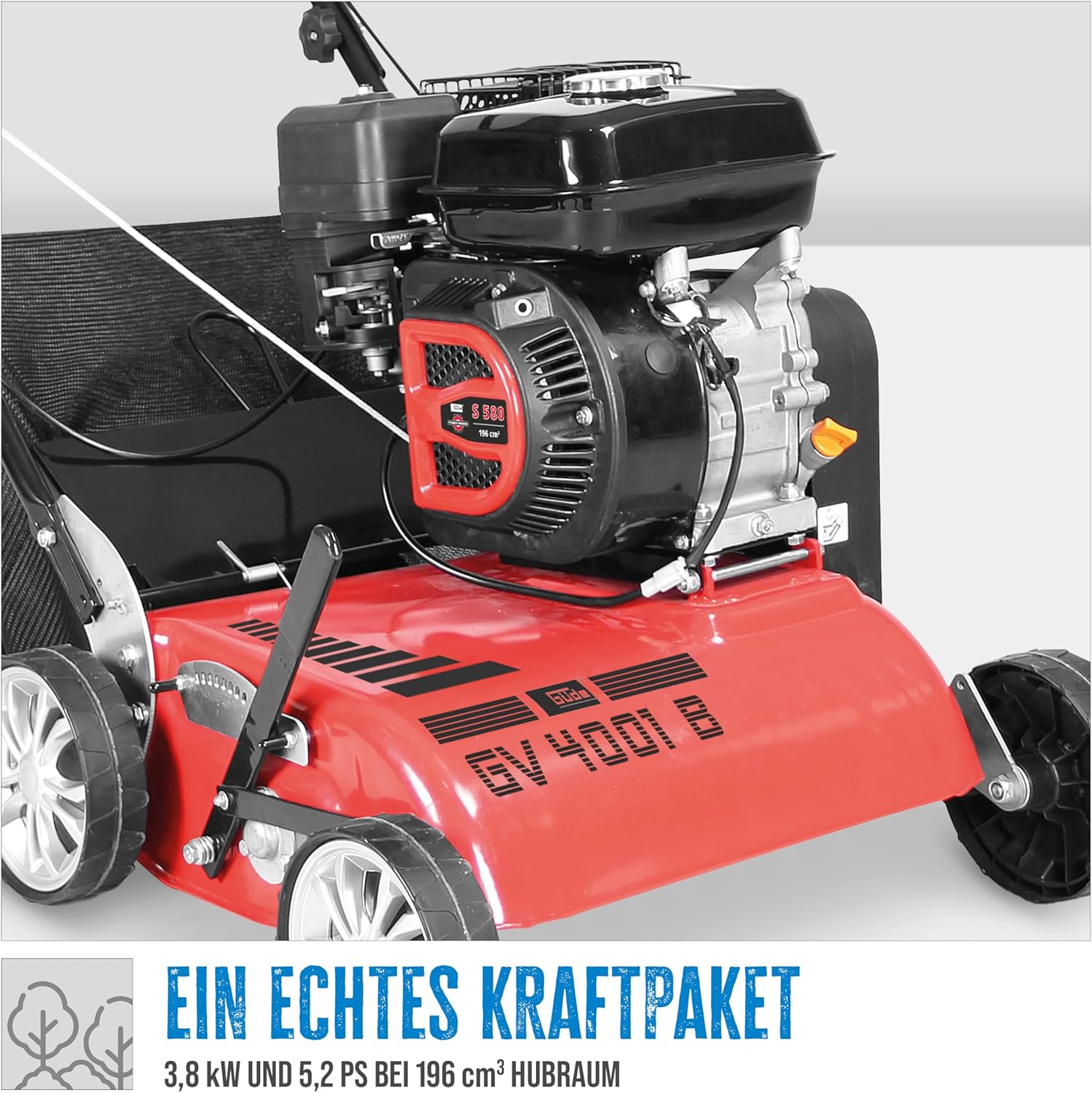 Güde Motor-Vertikutierer GV 4001 B (4-Takt Power-Engine S 580 V, Motorleistung: 3,8/5,2 (kW/PS), Arbeitsbreite: 40 cm, 30l Fangsack, 7-Fach zentrale Arbeitshöheneinstellung, inkl. 2 in 1 Messerwalze)