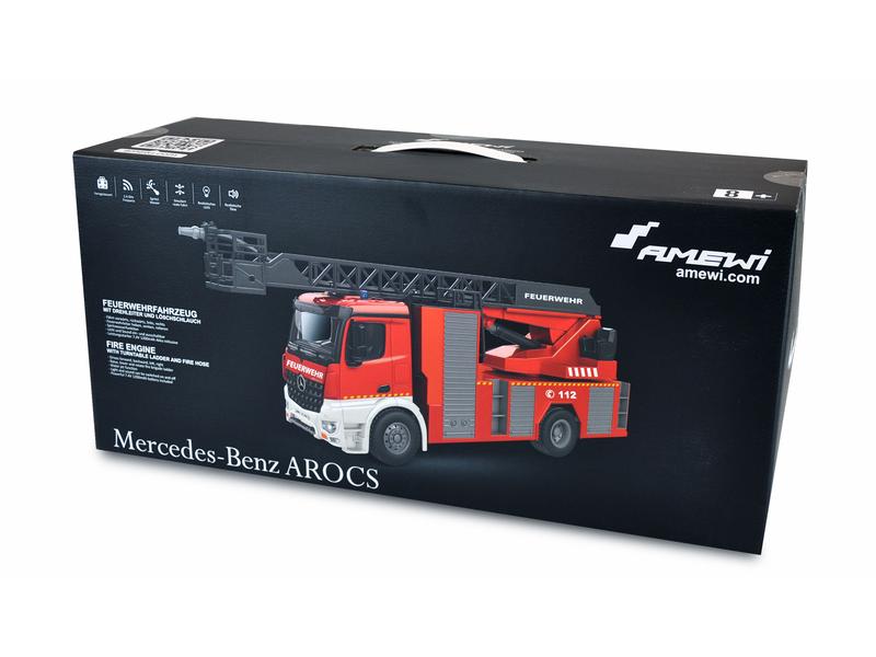 Amewi Mercedes Benz Arocs Feuerwehr Drehleiter RTR, 1:18 Realistisches Feuerwehrauto mit Beleuchtung, Soundeffekten und Wasserwerfer