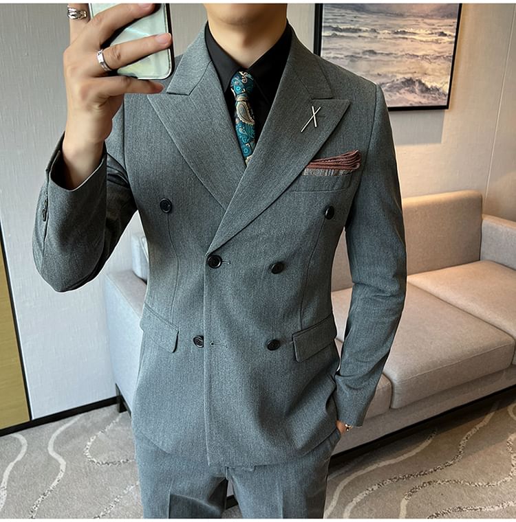 Blueforce - Set: effen dubbelrijs blazer met piekrevers + V-hals enkelrijs vest + hoge taille rechte broek