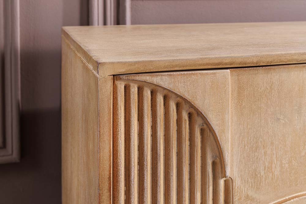 Massives TV-Board ART DECO 200cm weiß gekälkt Mangoholz 3D-Front handmade Lowboard