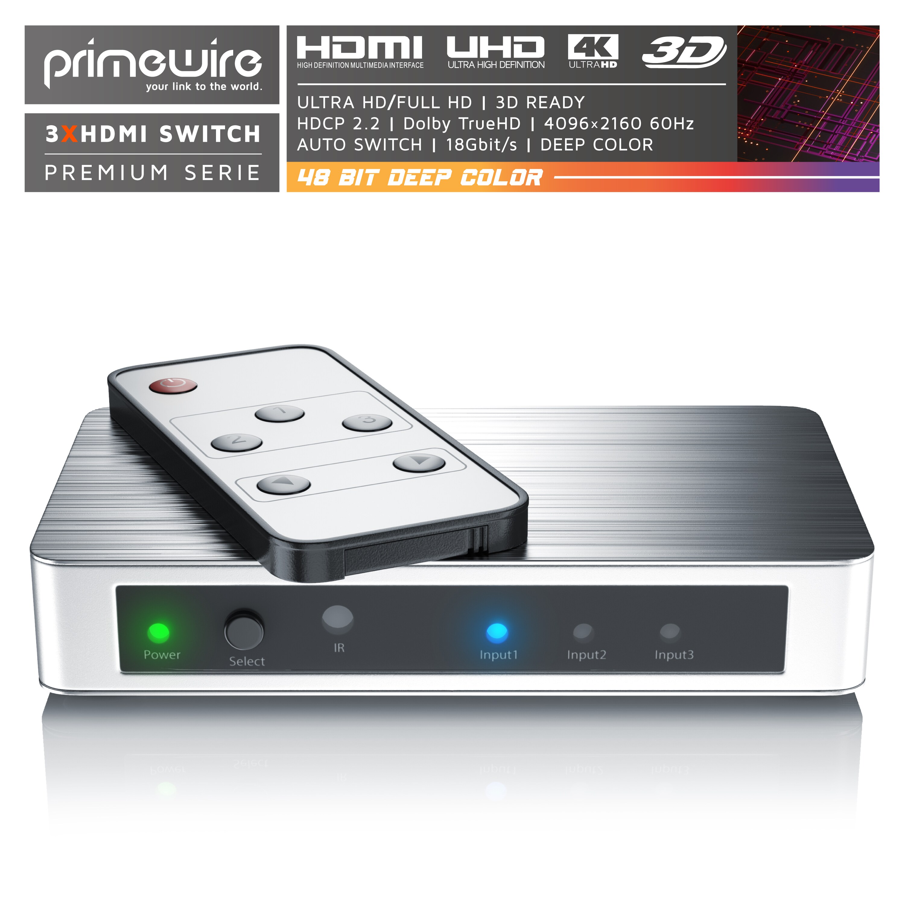 Primewire 3-Port 4k UHD HDMI Switch mit Fernbedienung & Netzteil 3x HDMI IN / 1x HDMI OUT