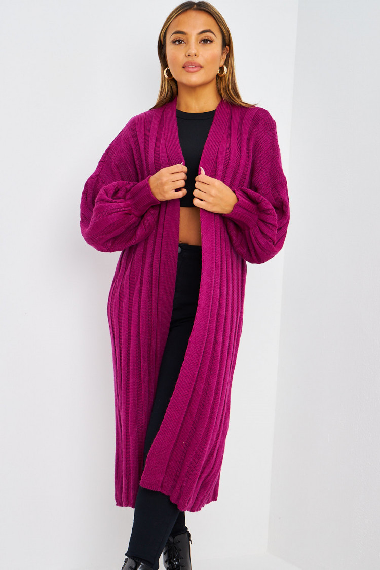 Gilet long violet bandes en mailles