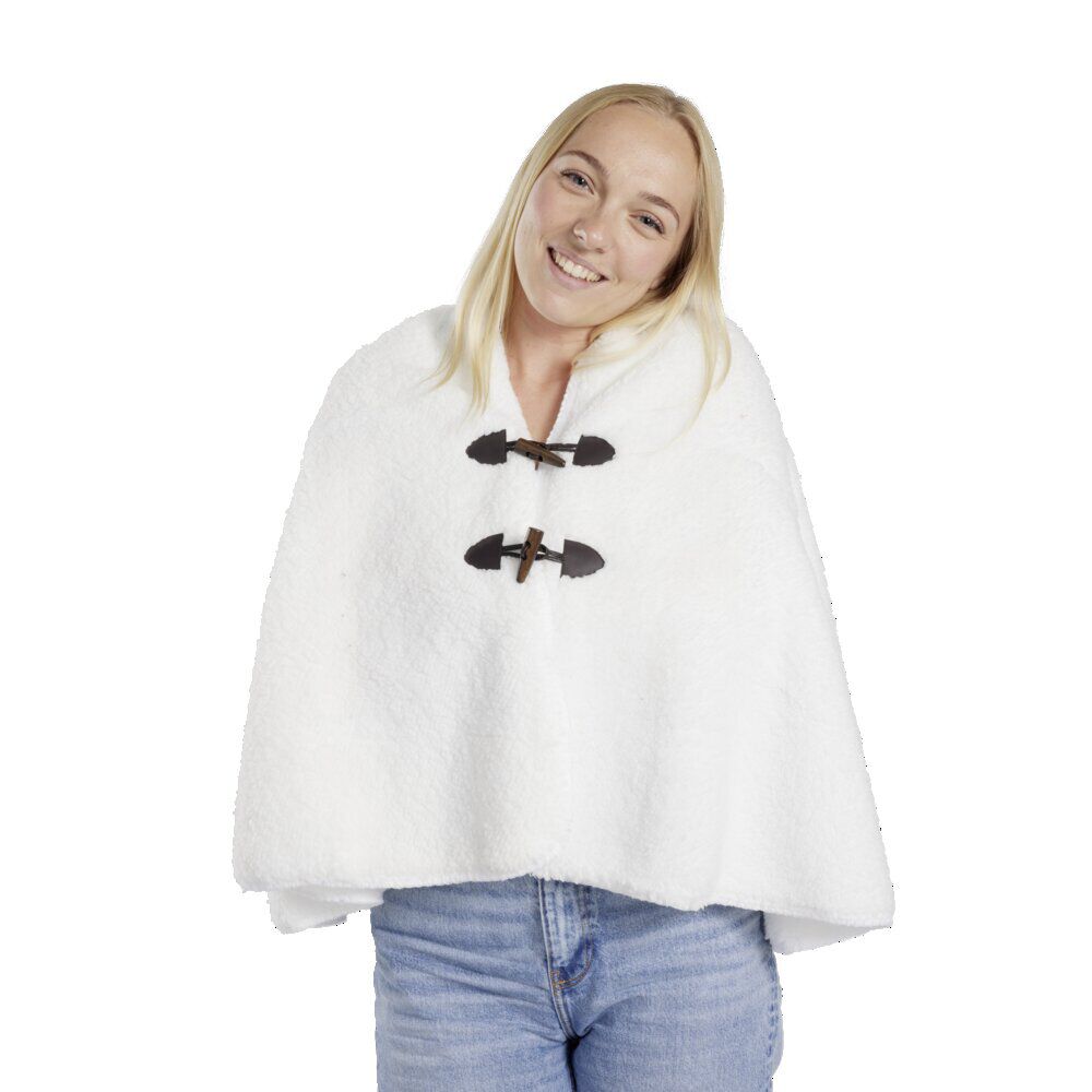Veste plaid châle moutonné blanc 75x150cm avec boutons à brandebourg