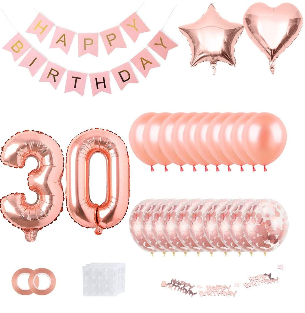 (73-tlg. Set) Happy Birthday Girlande 30. Geburtstag Party Deko   Latex- und Folienballons / Konfetti - Roségold