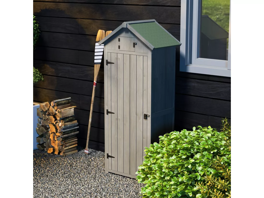 Armoire abri de jardin remise pour outils 3 étagères 2 portes loquets toit pente bitumé 77L x 54l x 179H cm sapin traité gris