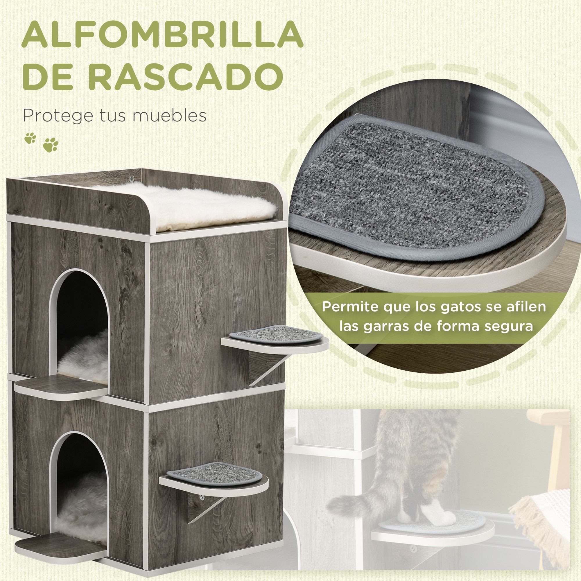 Casinha de madeira para gatos Pawhut, em formato de barril, com 3 almofadas, 2 orifícios frontais e 2 plataformas laterais, 68 x 53 x 80,5 cm, cinza.