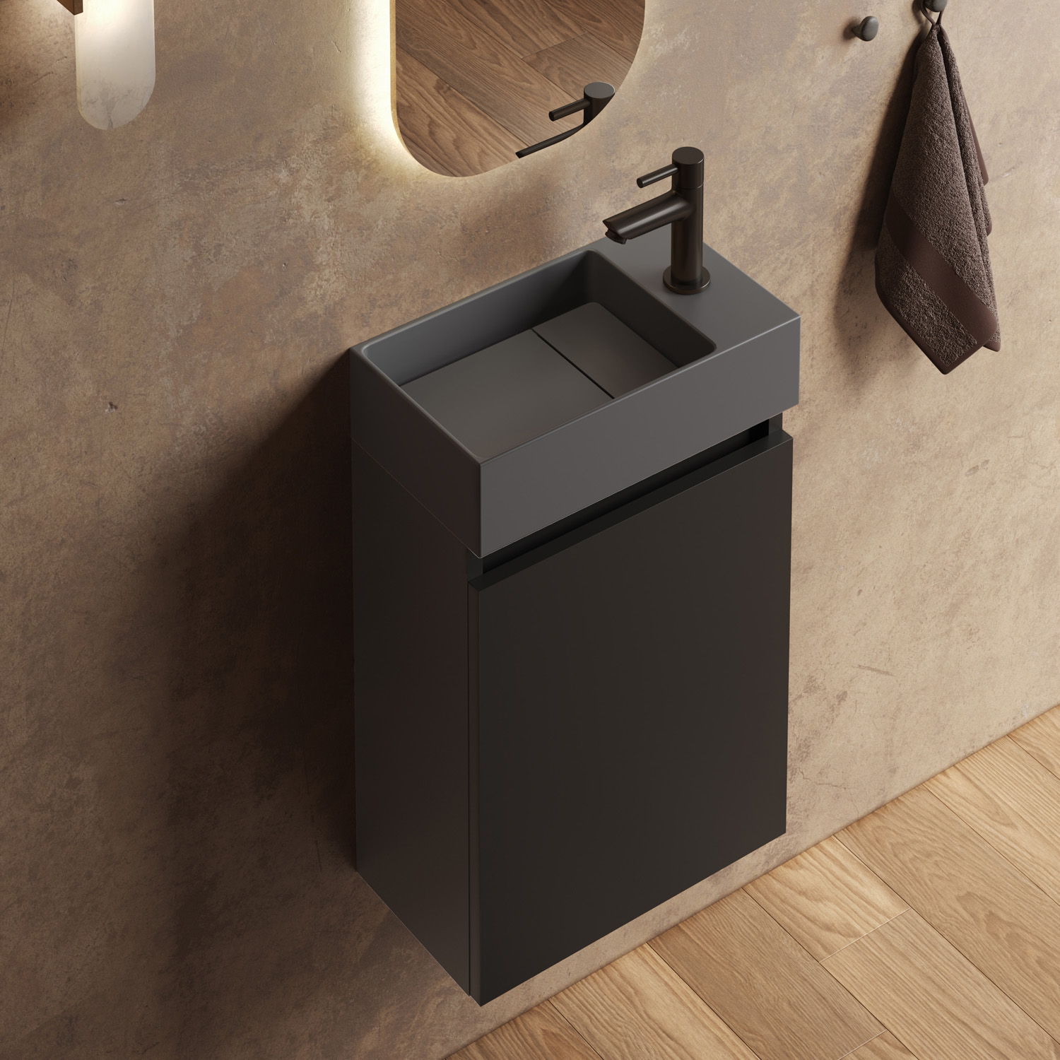 Fontana Itsie toiletmeubel mat zwart 40cm met fontein in mat antraciet