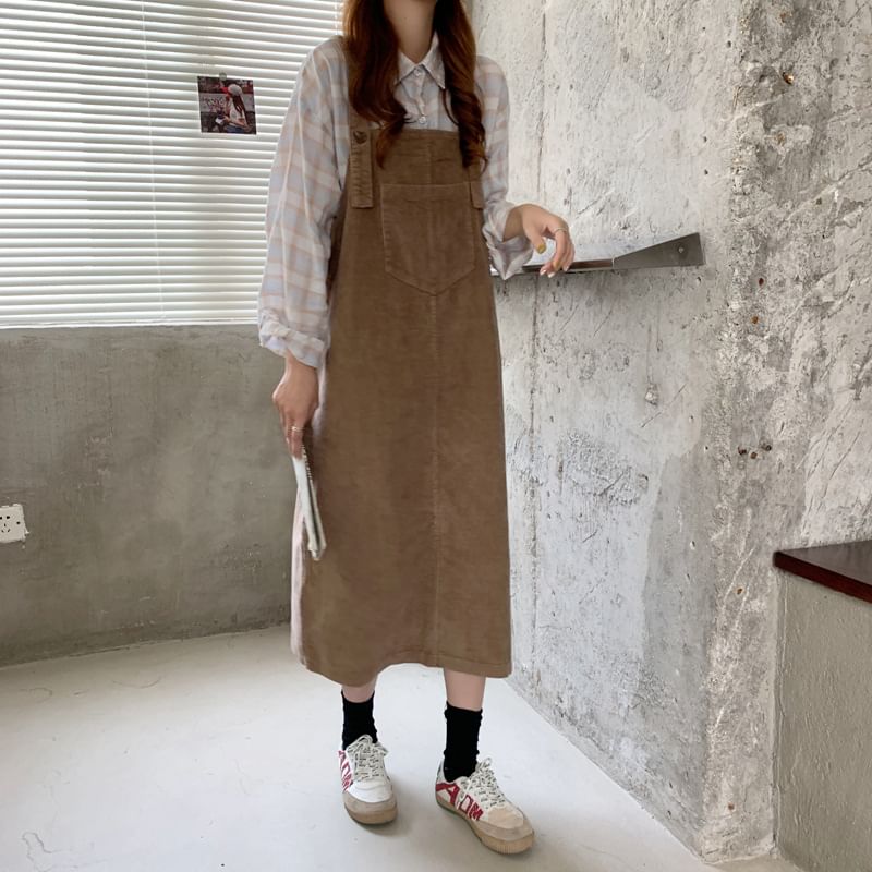 Bakli - Midi-jurk van corduroy met vierkante hals en split