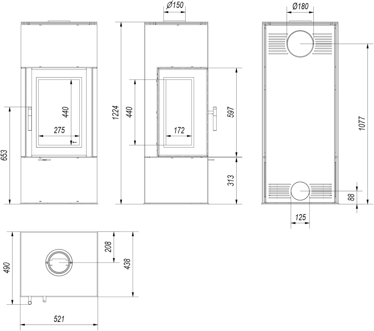 KRATKI Thor View Kaminofen 8 kW - BImSchV 2, 83% hermische Effizienz - Kaminofen mit gerader Verglasung, Ø150 mm Rauchrohr - EEK A