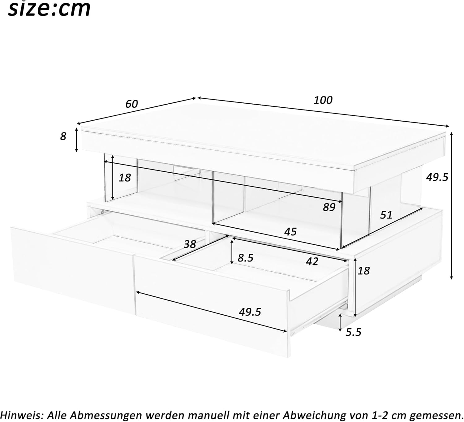 okwish Couchtisch für Wohnzimmer Holztisch Moderner Sofatisch, Schwarz Glanz Kaffeetisch mit LED-Leuchten und 2 Schubladen Lagerung für Zuhause 100 * 60 * 49.5cm