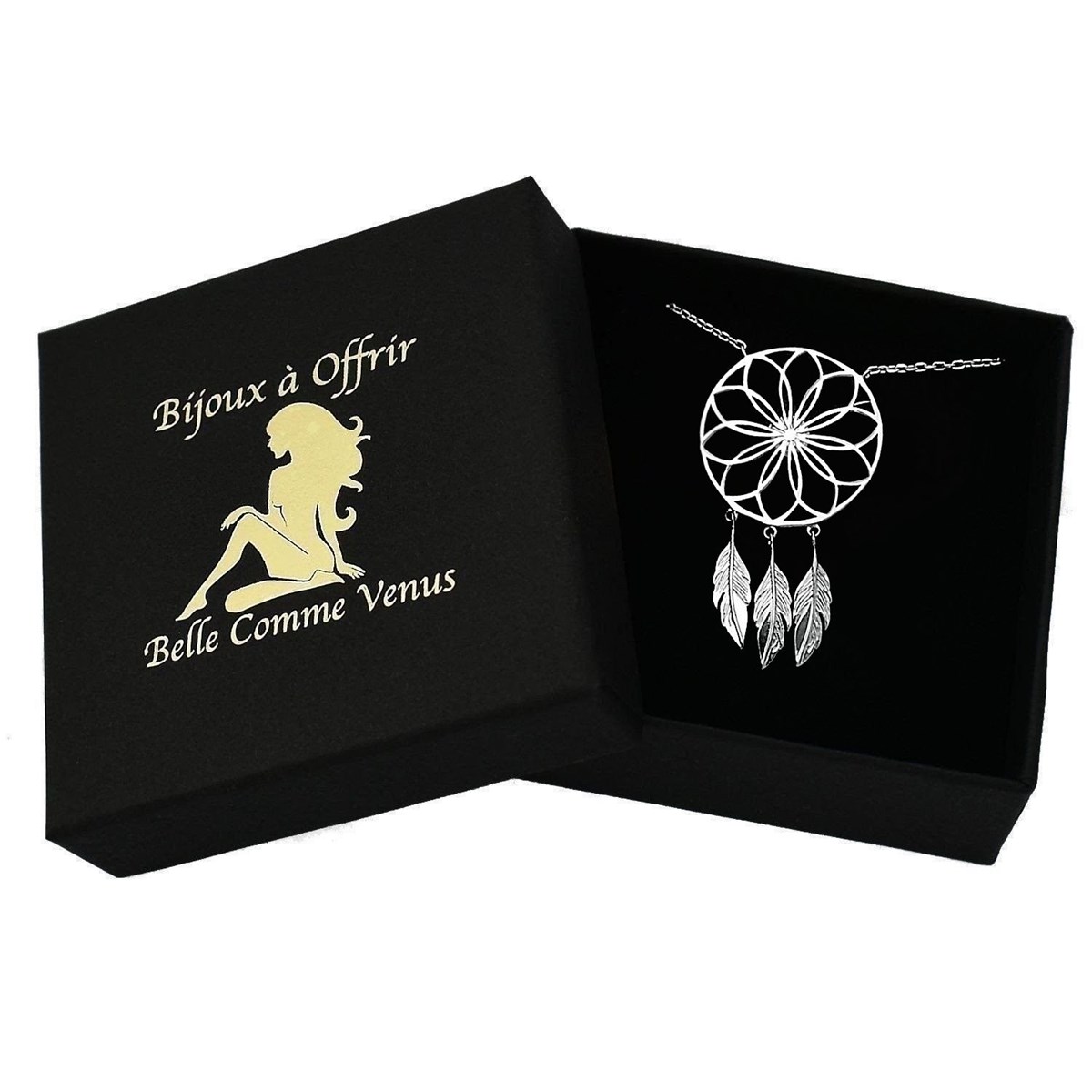Collier attrape-rêves cercle soleil plumes pendantes Argent 925 Rhodié