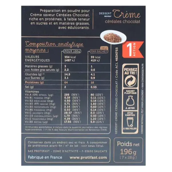 Cereal Protifast com Creme de Sobremesa Rico em Proteínas, Sabor Chocolate, 7 sachês