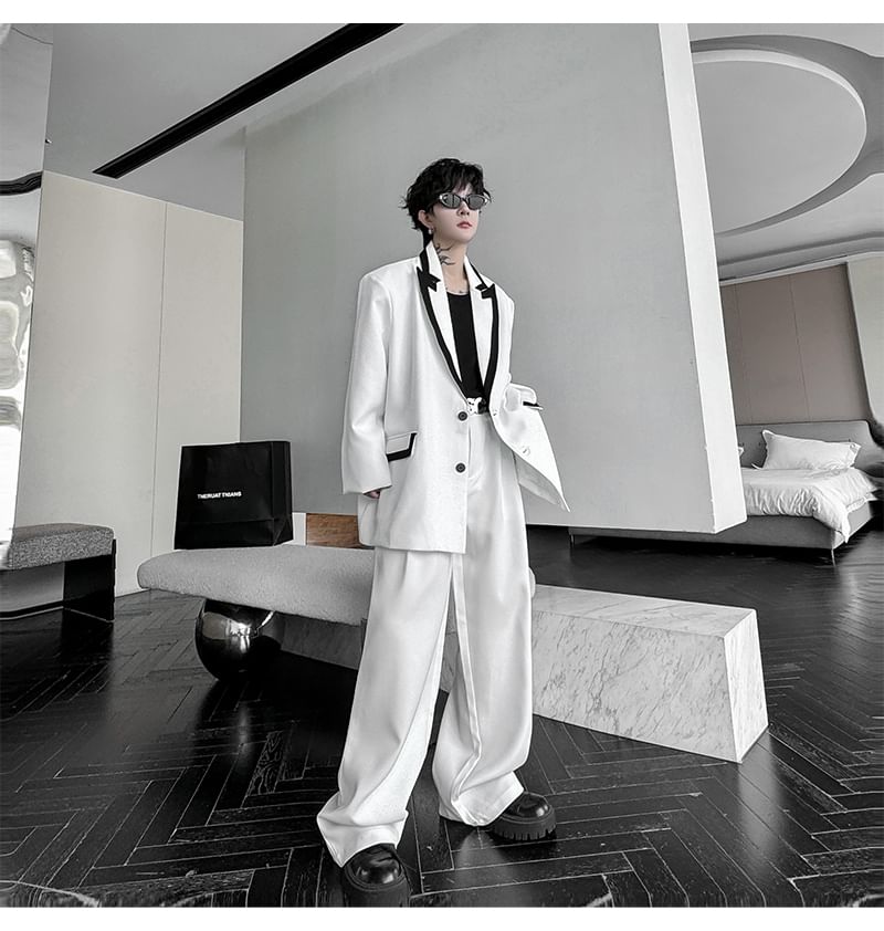Patow - Set: Contrasterende dubbele rij knopen blazer + Hoge taille wijde broek