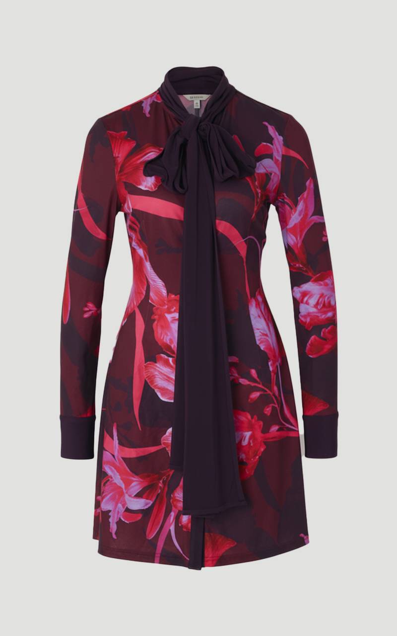 KarenMillen Robe Mini à Manches Longues avec Encolure Nouée et Imprimé Floral en Crêpe