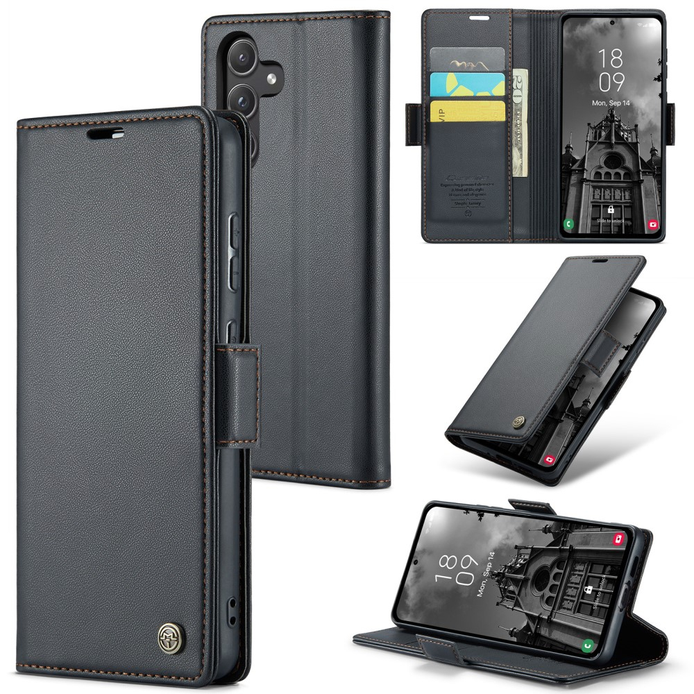Samsung Galaxy A55 Leder Tasche Flip Wallet Etui mit Kartenfächern Litchi Look (RFID Schutz) - Schwarz