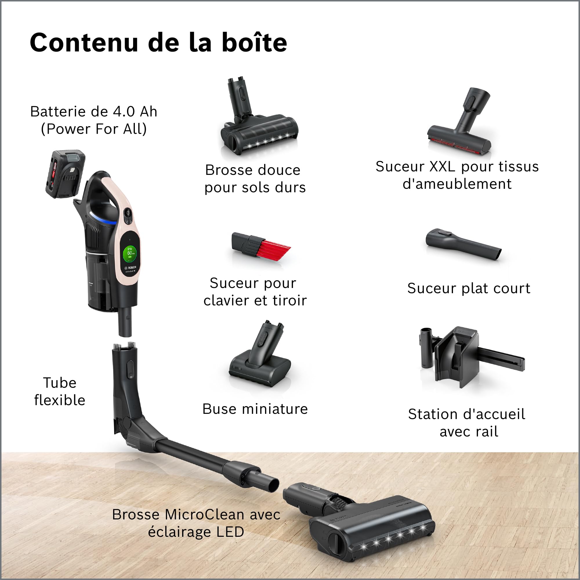 Bosch, aspirateur Balai sans Fil, Unlimited 10, Batterie 4.0 Ah, Technologie MicroClean, bac à poussière Facile à Vider, Tube Flexible, éclairage LED,
