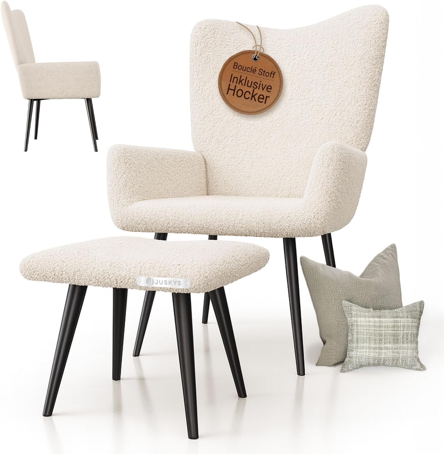 Juskys Ohrensessel Odense mit Hocker, Relaxsessel mit Bouclé-Stoff, skandinavischer Stil, hoher Rücken & gepolstert, Stahlgestell – Beige
