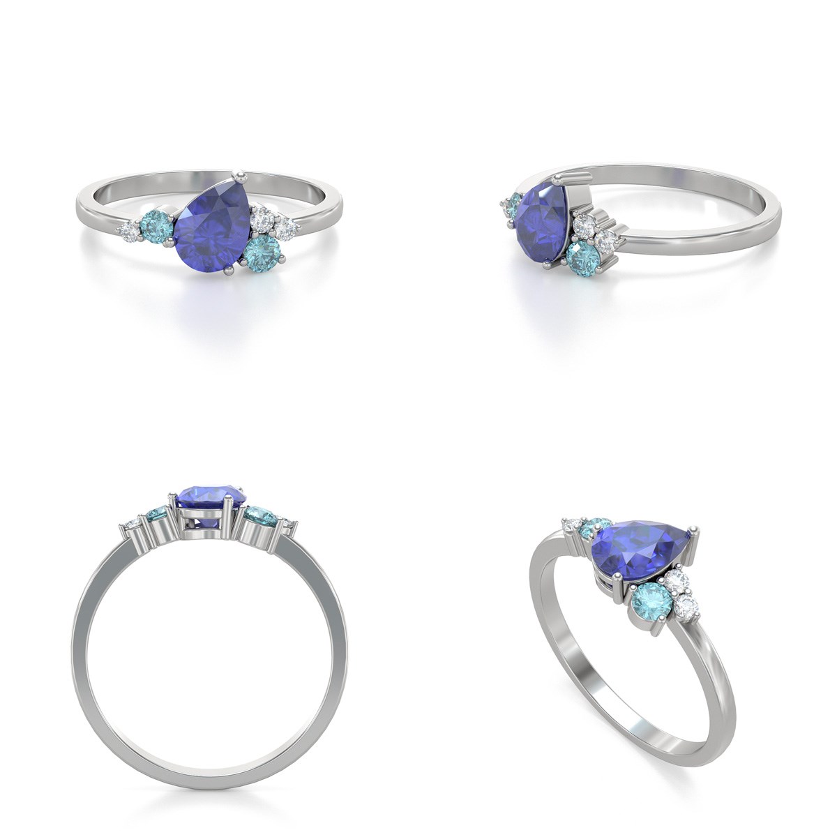 Bague ADEN Or 585 Blanc Tanzanite Aigue-Marine et diamants 2.296grs