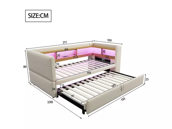 Lit gigogne extensible 90/180×190 équipé de lampes LED de prises de courant et de nombreux compartiments de rangement lit rembourré beige
