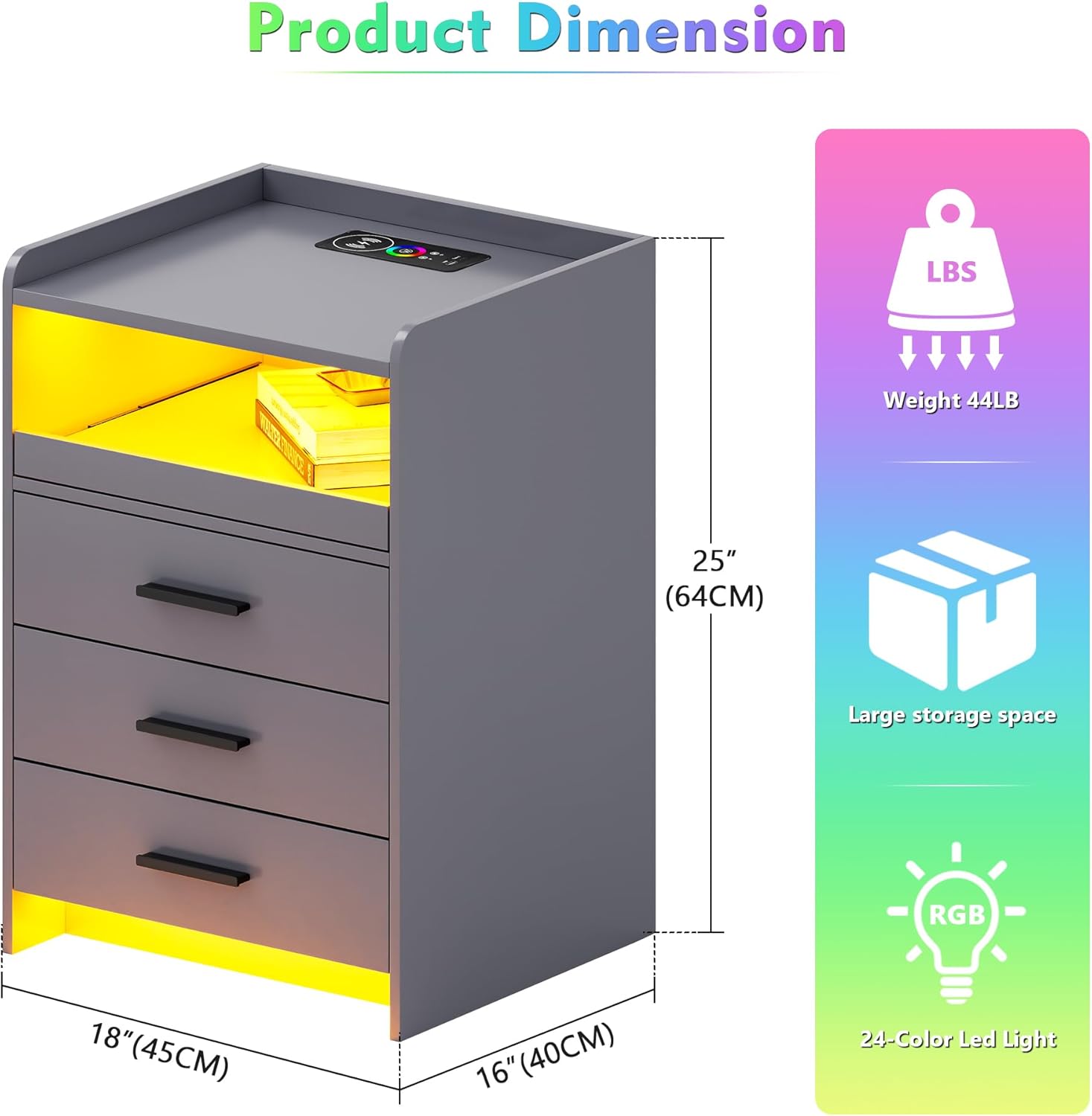 Lvifur Nachtschrank 2er Set mit Beleuchtung, Led Nachttisch mit Ladefunktion, 24 Farben Dimmbar, Sideboard mit 3 Schubladen USB Type-C Automatischer Sensor Schlafzimmer Grau