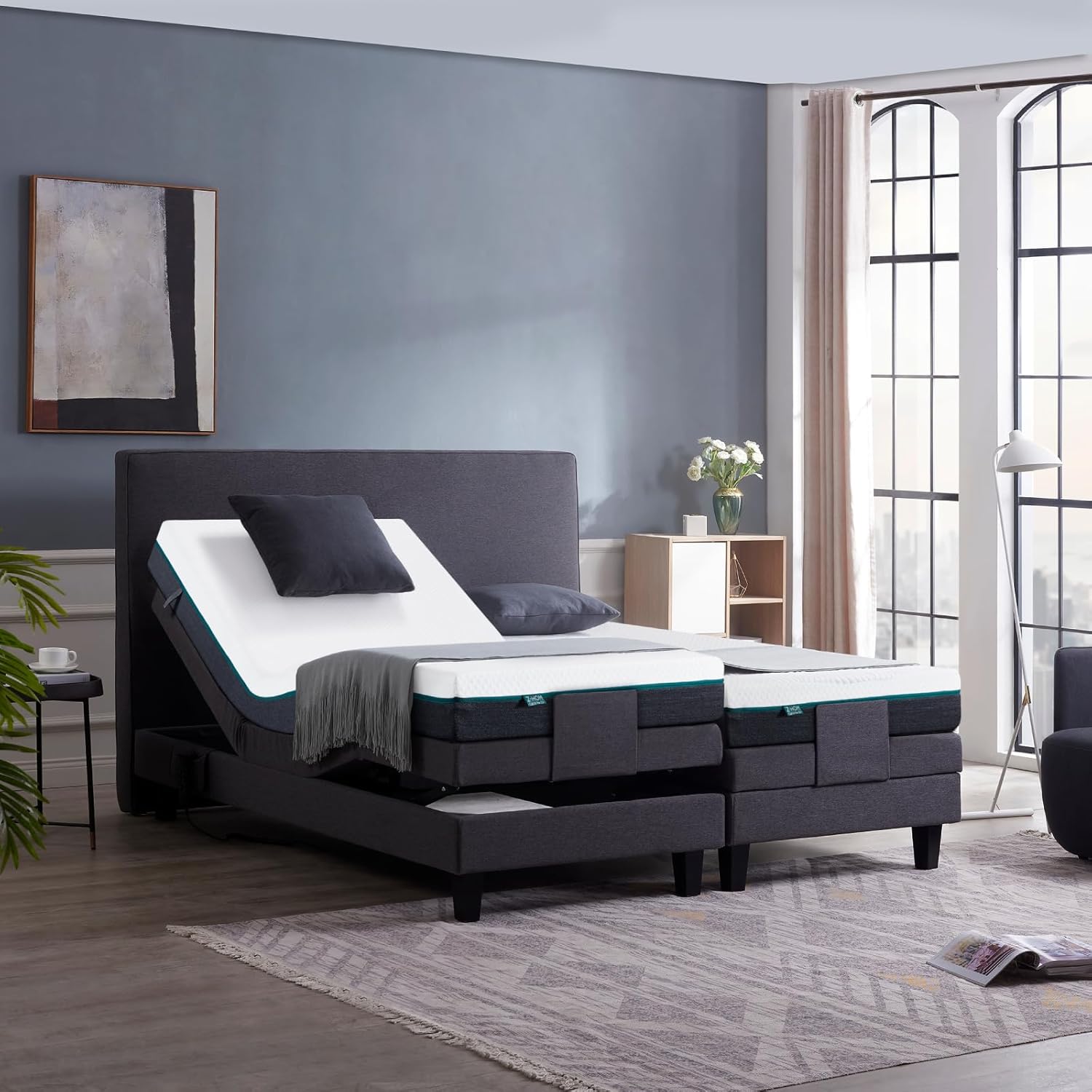 Motorbett, Boxspringbett mit elektrischer Verstellung, 7-Zonen Matratze, Modell 209E Riva Bestes Preis-Leistungs-Verhältnis, Zwei Jahre Garantie auf den Bettmotor (Anthrazit, 200 x 200 cm)