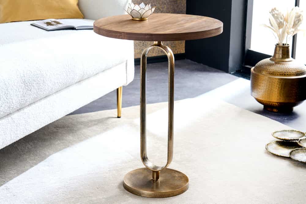 Runder Beistelltisch ELEGANCE 60cm messing Mangoholz Metall Aluminium massiv handmade