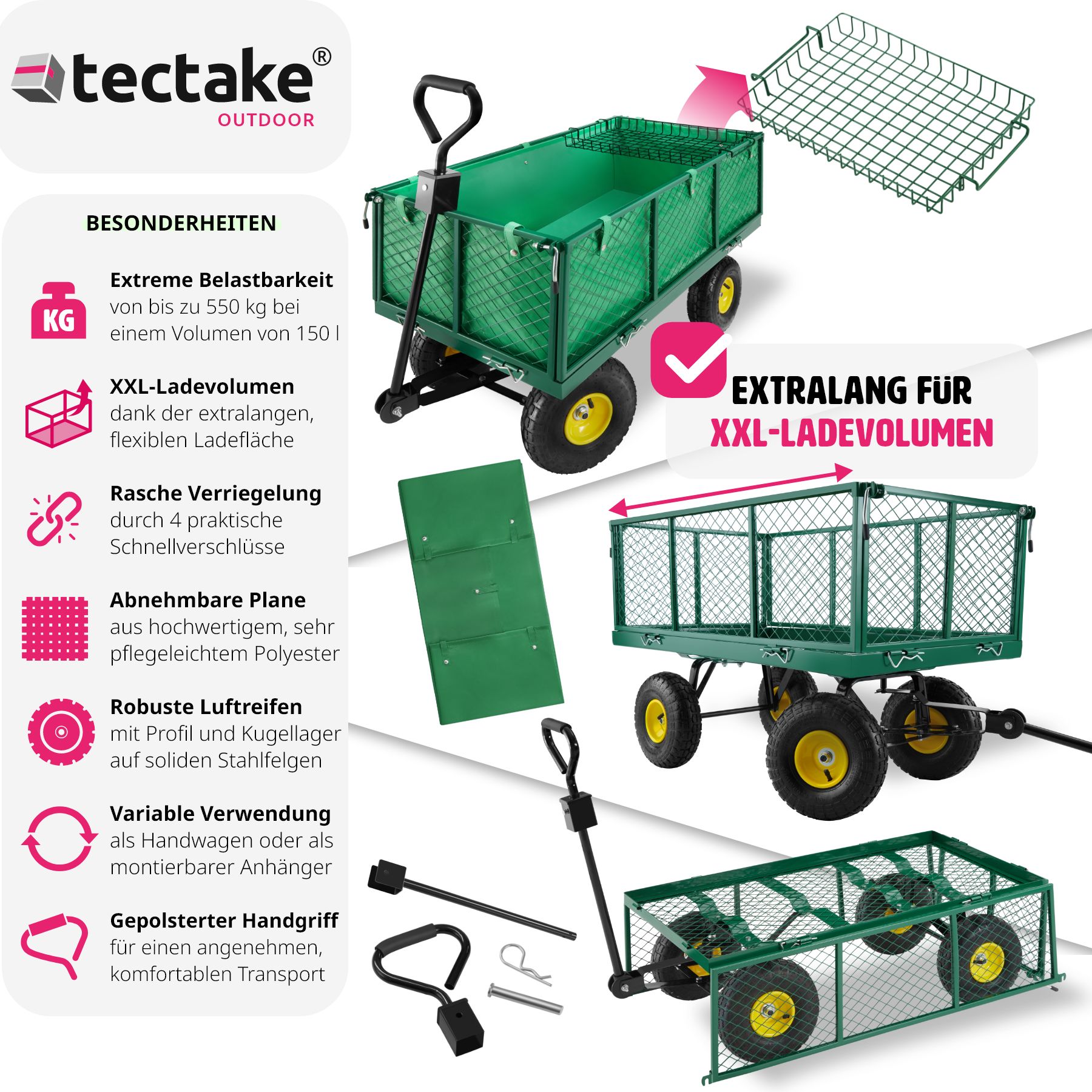 tectake® Bollerwagen, mit klappbaren Seitenwänden, leichtgängige Lenkachse mit gepolstertem Griff, Belastbarkeit 550 kg