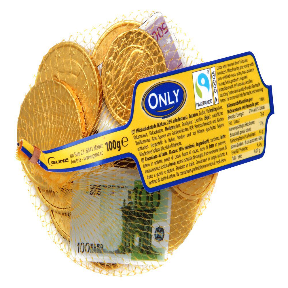 Lot de pièces dorées et billets en chocolat au lait 100Gr dans filet