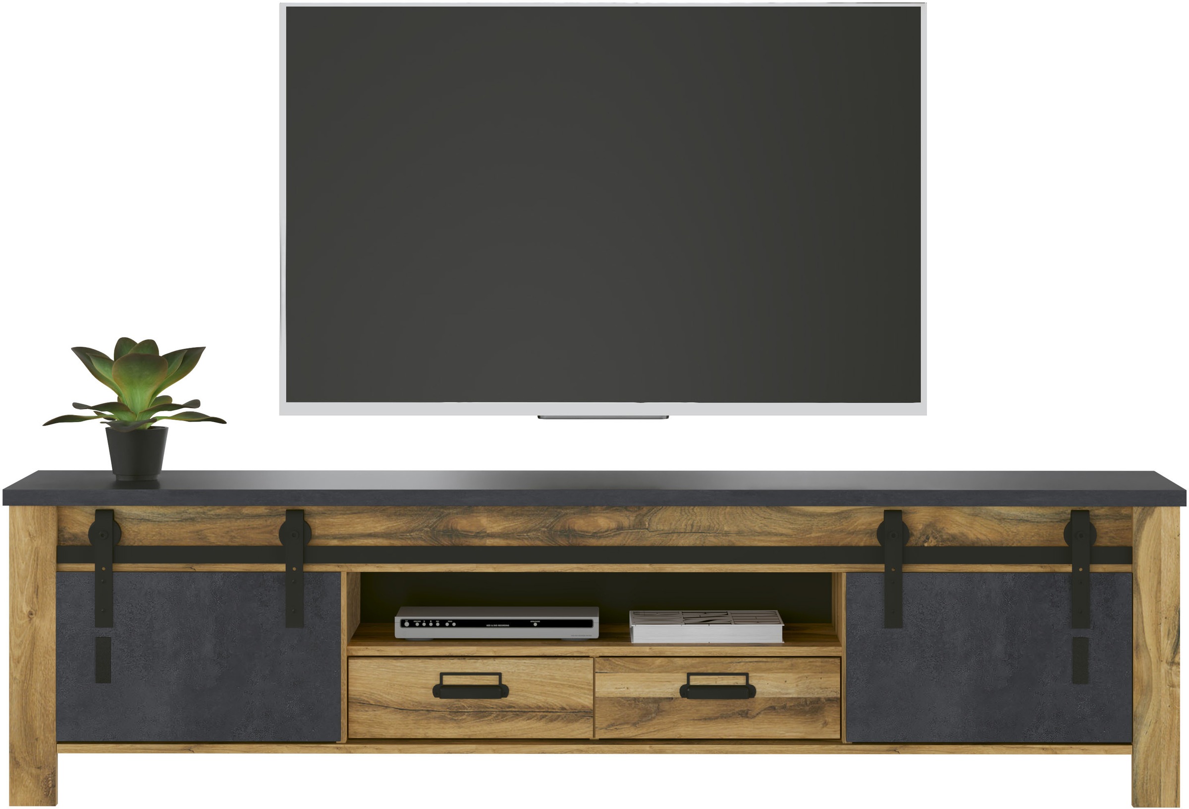 Home affaire TV-Schrank »York, moderner Unterschrank, Kommode im Industrialdesign« mit Apothekergriffen & Scheunentorbeschlägen aus Metall, 201 cm breit