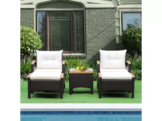 Salon de Jarin 5 Pcs en Plastique et vinyle Anti-UV, 2-4 Personnes avec Coussins, 2 Fauteuils, 2 Tabourets et 1 Table Basses, Marron