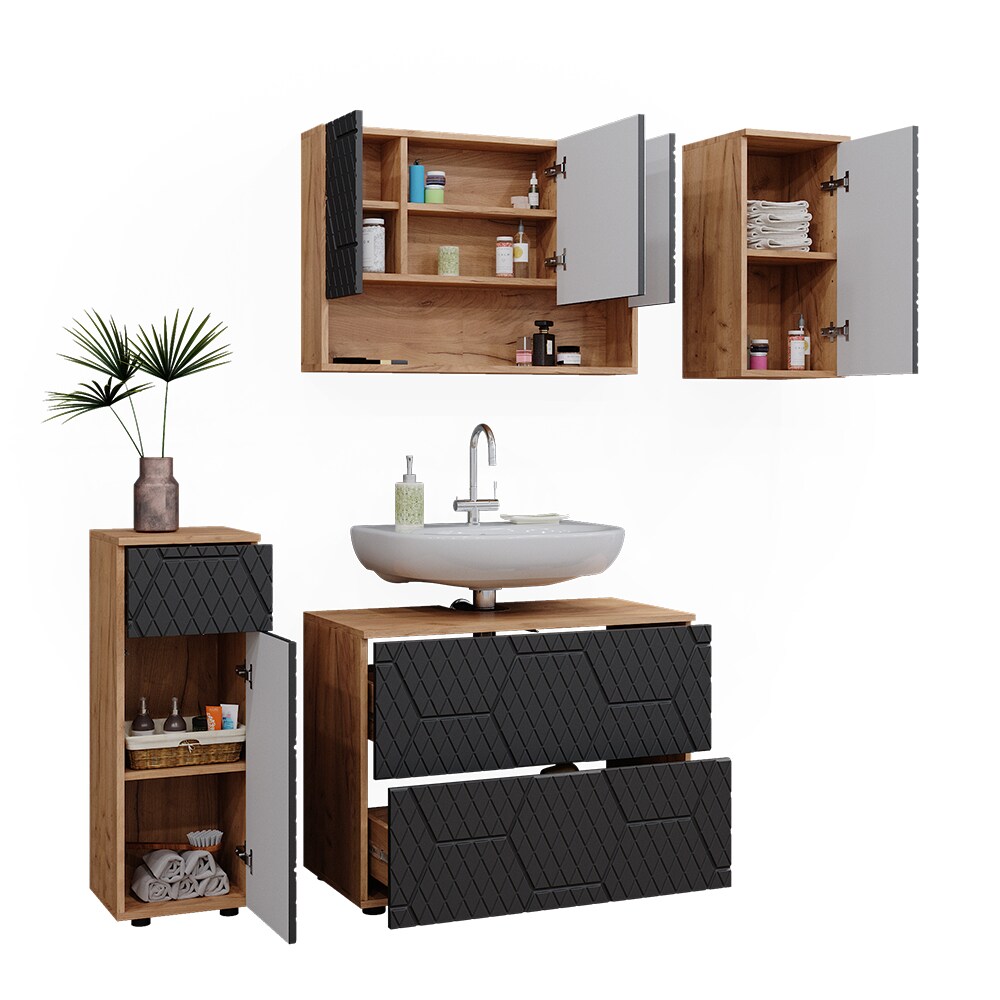 Vicco Badmöbel-Set Irma Eiche Anthrazit 4-teilig Midischrank 81 cm Hängeschrank