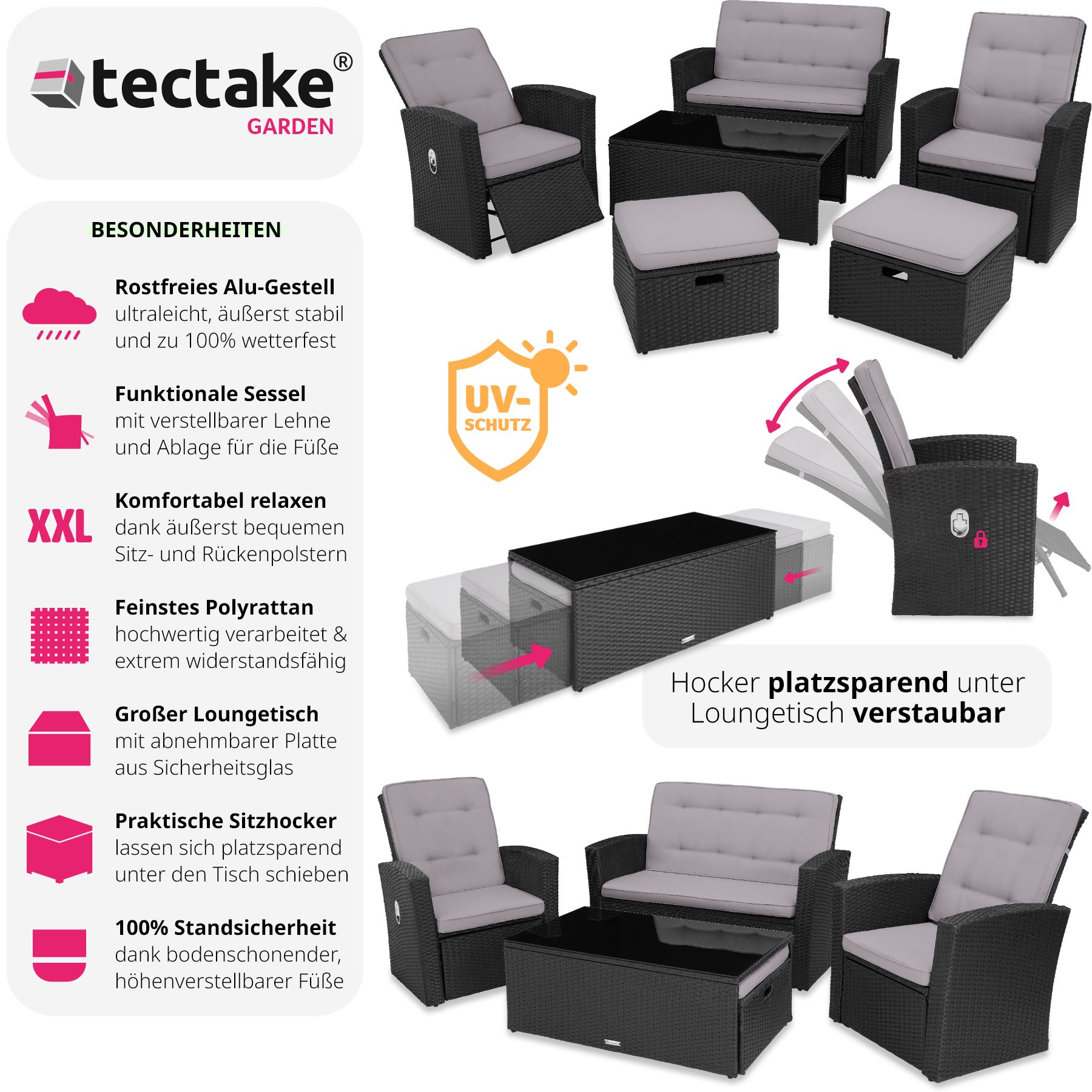 tectake® Rattan Lounge, mit Aluminiumgestell, wetterfest und UV-beständig, mit Sicherheitsglasplatte und Schraubfüßen