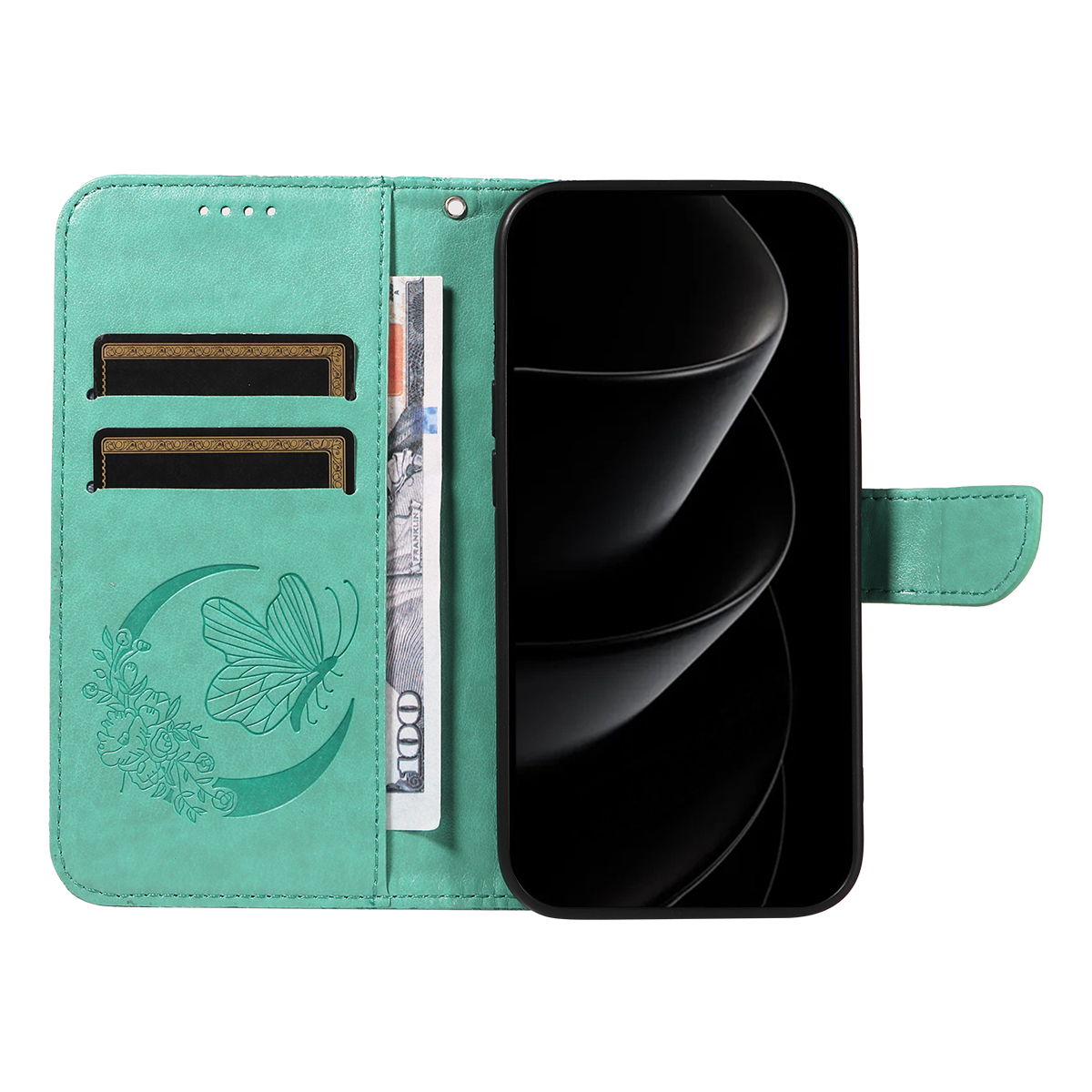 iPhone 17 Pro Max Leder Tasche Flip Cover Schmetterlinge Imprint - Türkis