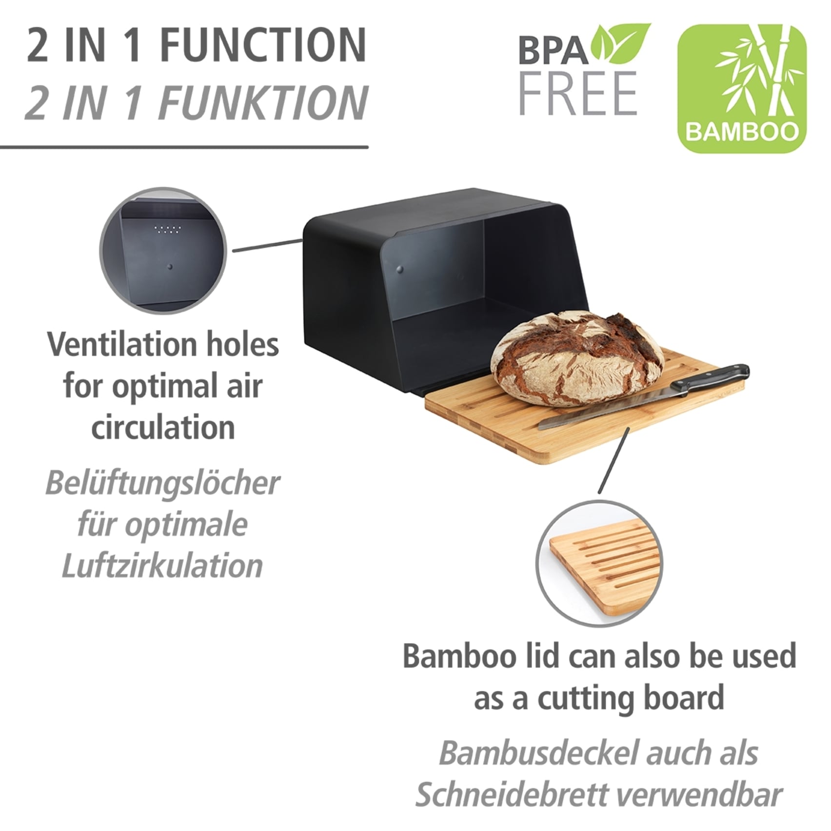 WENKO Brotkasten »Modell Kubo« 1 Stk. tlg. moderne Brotbox mit integriertem Schneidebrett als Deckel