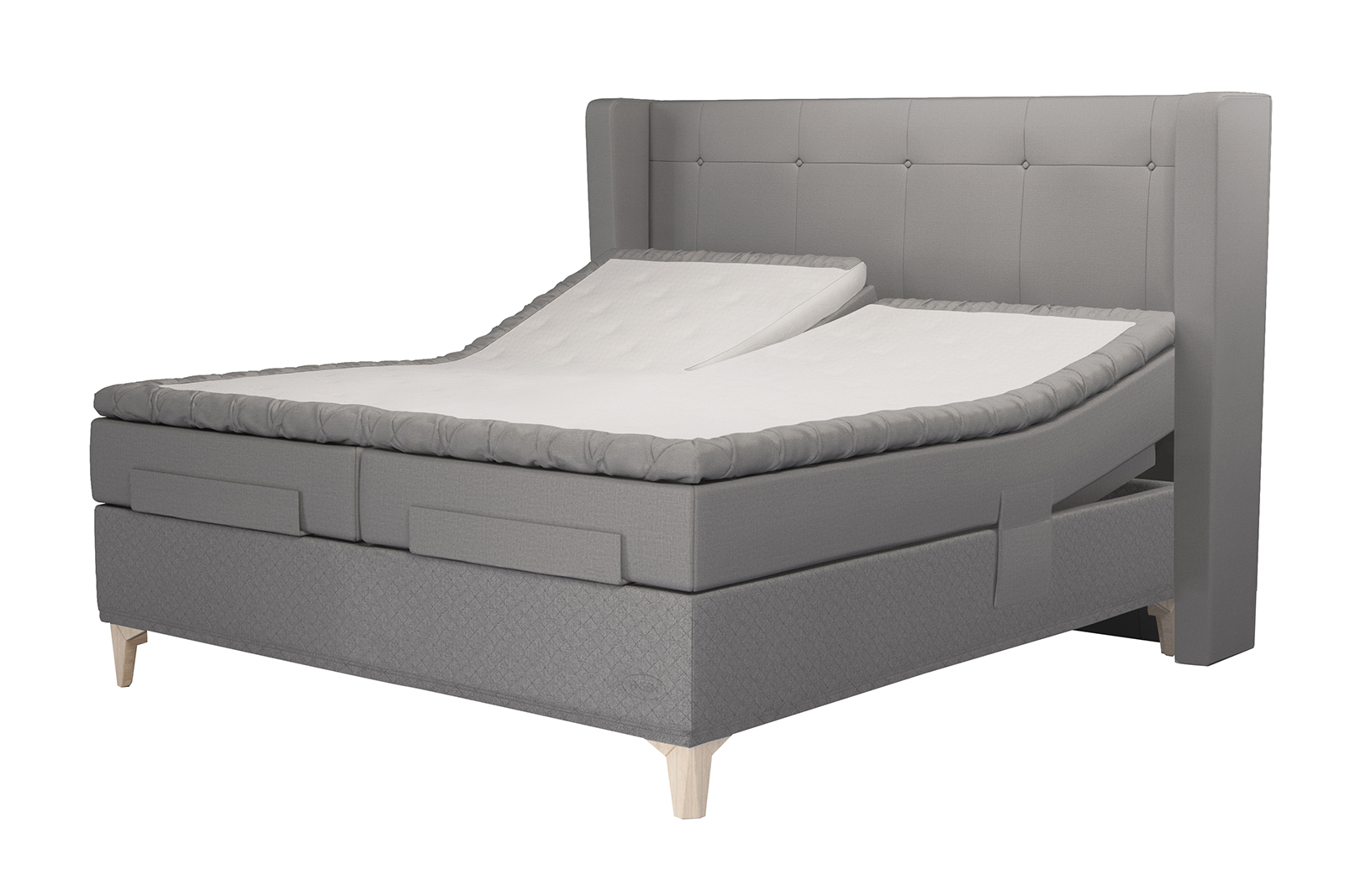 Majestic Aqtive II regulerbar seng 180x200 cm i tekstil 200/204 grå med medium/fast fasthet. Seamless utførelse, Majestic Split topper overmadrass og Eicon ben 14 cm hvitlasert med støtteben. Uten hodegavl
