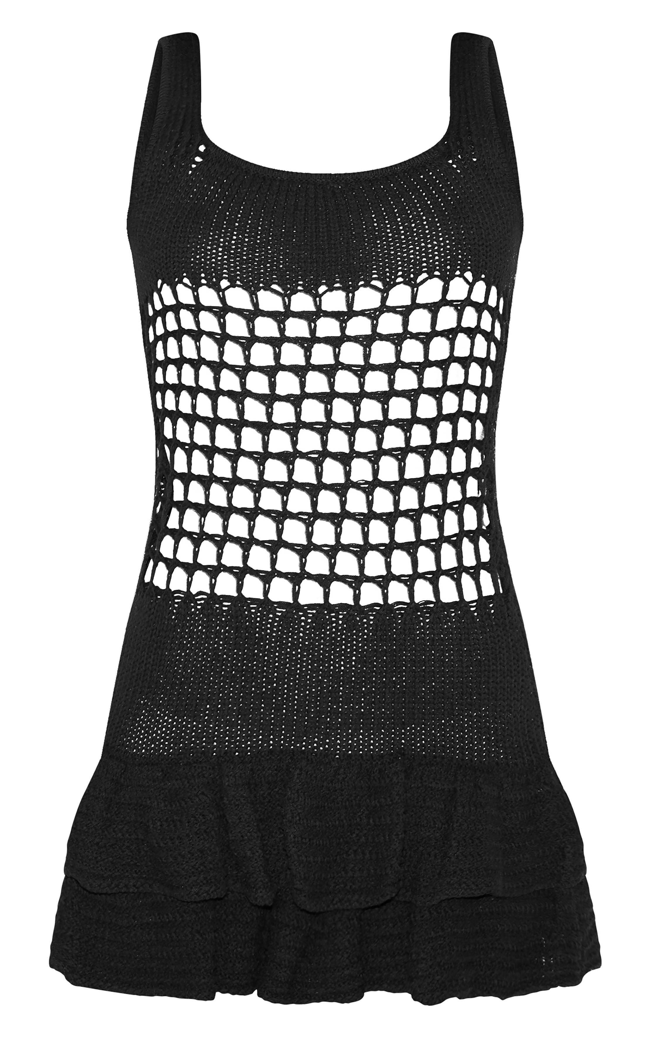 Noir Robe En Crochet À Double Volant À L'ourlet