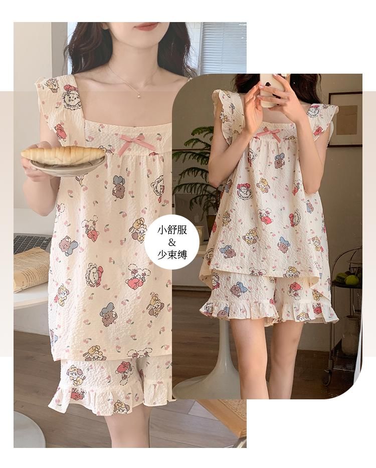 Sweetzer - Pyjamatop met kapmouwen, vierkante hals, cartoonprint en strik / Loungeshorts / Midi-slaapjurk / Set