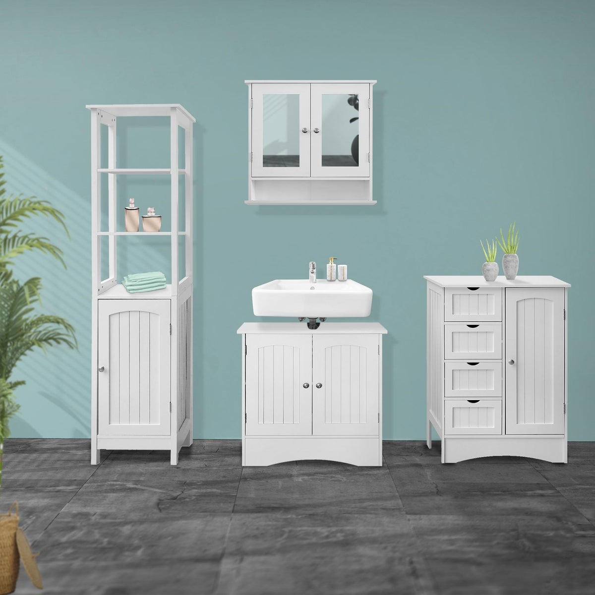 ML-Design Badkamerkast Wit, 55x81x30 cm, Badkamerkast met 1 deur, 4 lades, Veel opbergruimte, Vrijstaand, Landelijke stijl, Badkamercommode van MDF-hout, Badkamerkast Badkamermeubel